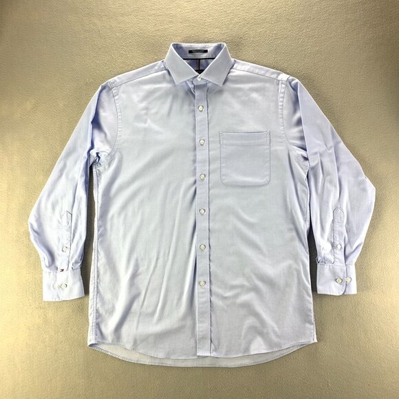 Tommy Hilfiger Shirt Mens 15-15.5 Medium Blue‎ Stretch Cotton Button Up P… - Picture 1 of 11